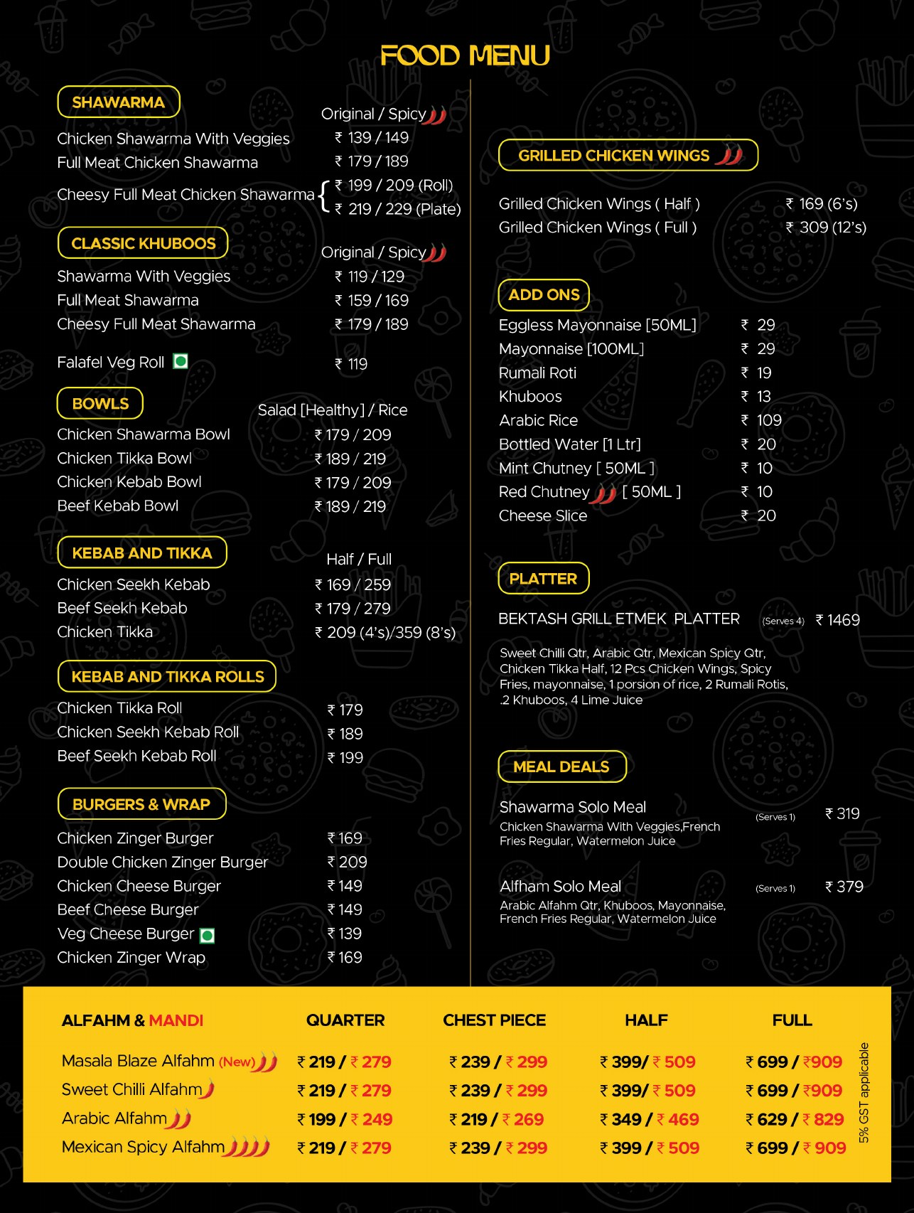 Bektash food menu page one with shawarma, khuboos, bowls, kebabs, burgers, grilled wings, platters, meal deals and alfahm prices
