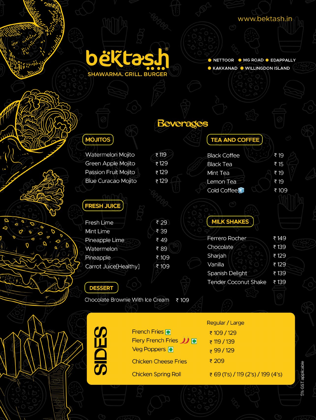 Bektash food menu page two with mojitos, juices, tea, coffee, milkshakes, desserts and sides prices
